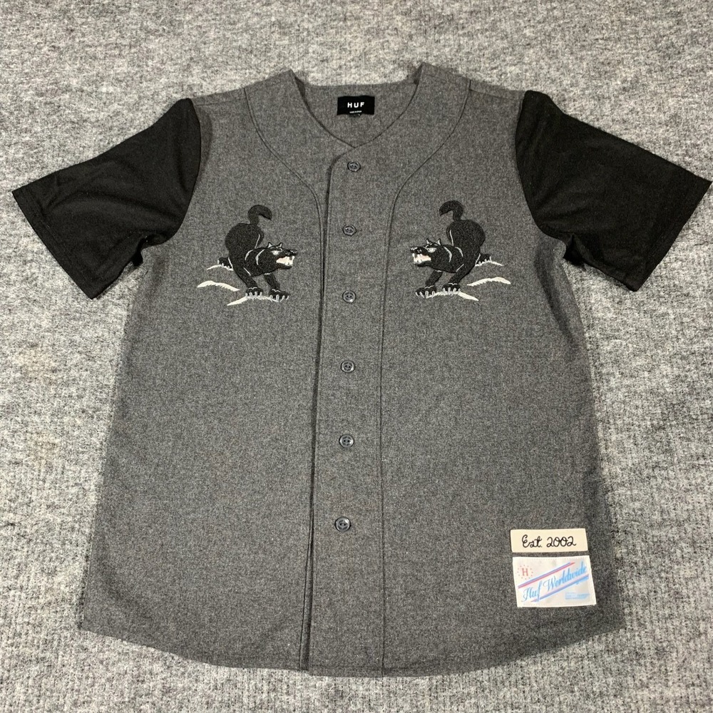 HUF Baseball Jersey Shirt Mens Large Gray Wool Blend Wolf Embroidered Streetwear